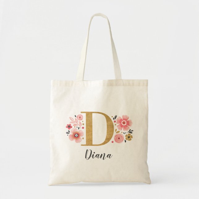 Tote Bag Monogramme Or Nom élégant Fleurs Roses Or Doré (Devant)