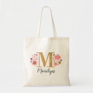 Tote Bag Monogramme or tendance Floral initial