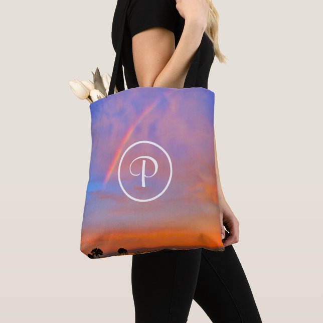 Tote Bag Monogramme Orange Bleu Coucher de soleil Rainbow P (De près)