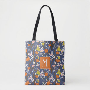 Tote Bag Monogramme orangé et bleu de la Chinoiserie Oiseau