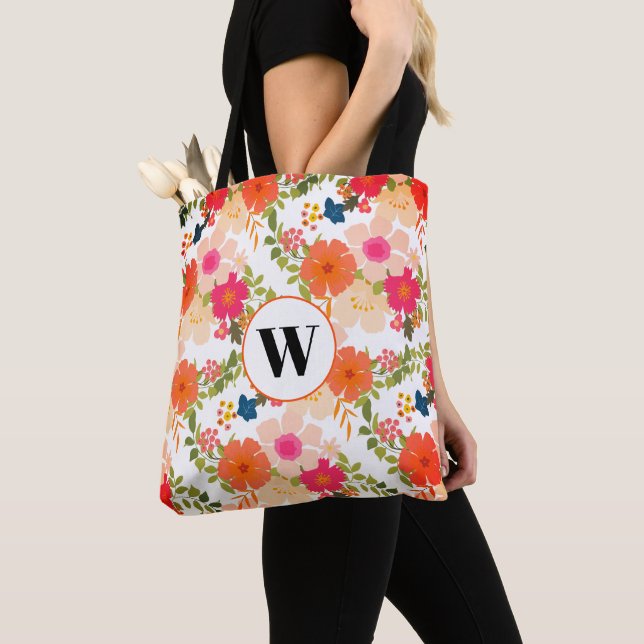 Tote Bag Monogramme Orange Floral Patch Fourre-tout (De près)