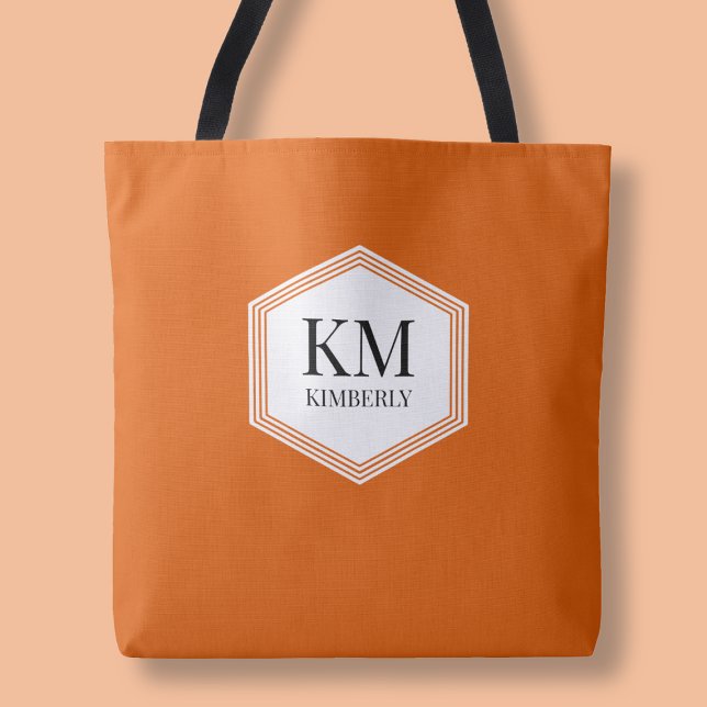 Tote Bag Monogramme Orange Moderne Élégant Simple Nom Perso (Monogram Orange Modern Elegant Simple Custom Name Tote Bag)