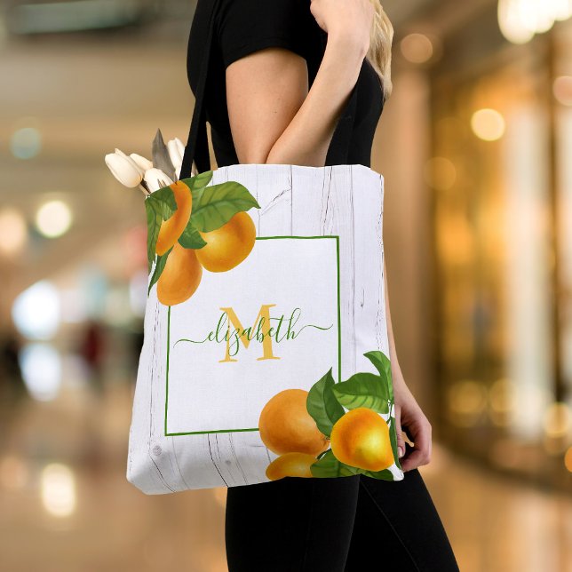 Tote Bag Monogramme oranges d'agrumes aquarelle bois rustiq (Créateur téléchargé)
