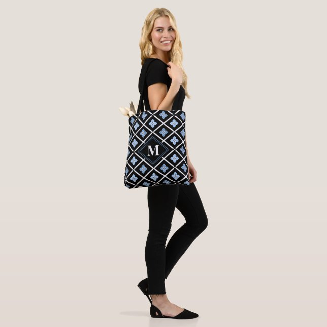 Tote Bag Monogramme Oriental Motif Sakura bleu (Sur le modèle)