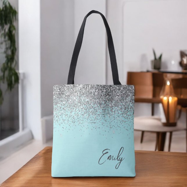 Tote Bag Monogramme Pailleté Aqua Bleu Turquoise Argent (Créateur téléchargé)
