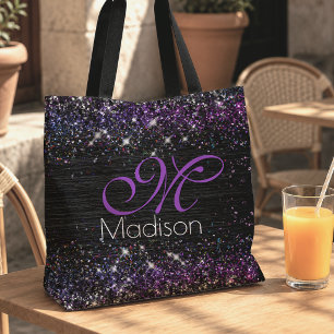Tote Bag Monogramme pailleté en métal brossé noir violet