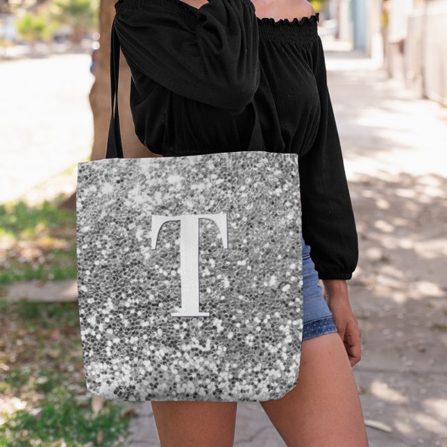 Tote Bag Monogramme Pailleté Faux Argent Bokeh (Silver Chunky Glitter Monogram Tote Bag)
