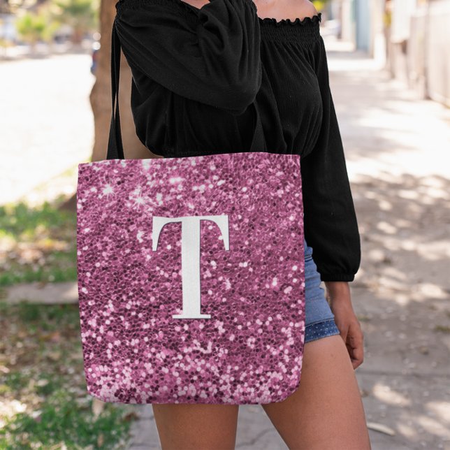 Tote Bag Monogramme Pailleté Faux Rose Fruité Bokeh (Berry Pink Faux Glitter Bokeh Sparkles Monogram Tote Bag)