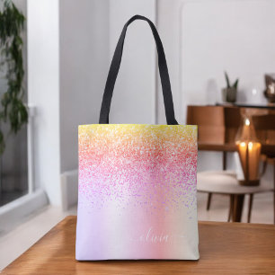 Tote Bag Monogramme Pailleté Rose Or Violet Arc-en-ciel Pas