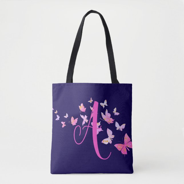Tote Bag Monogramme Papillon bleu rose (Devant)