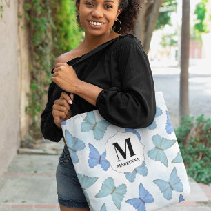 Tote Bag Monogramme Papillons botaniques bleus personnalisé