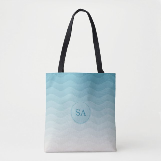 Tote Bag Monogramme Pastel Blue Waves Ombre (Devant)