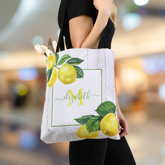 Tote Bag Monogramme pays citrons aquarelle bois rustique (Créateur téléchargé)