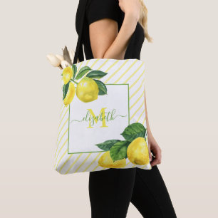 Tote Bag Monogramme pays citrons aquarelle rayures rustique