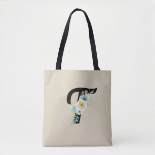 Tote Bag Monogramme personnalisable avec floral blanc et aq
