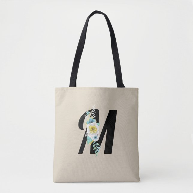 Tote Bag Monogramme personnalisable Fleurs blanches et aqua (Devant)