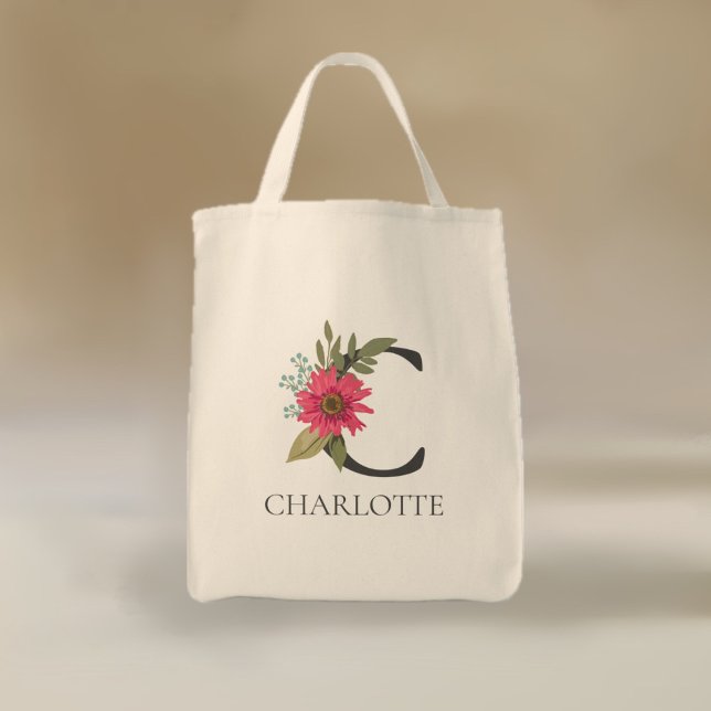 Tote Bag Monogramme personnalisable floral moderne  (Créateur téléchargé)