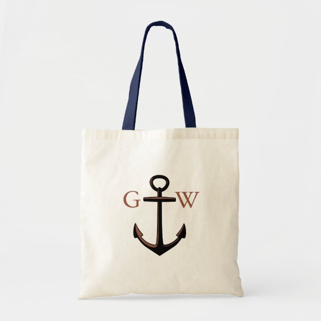 Tote Bag Monogramme personnalisé Ancre et ligne nautique (Devant)