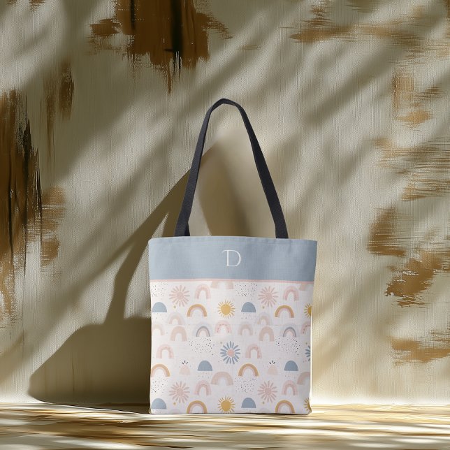 Tote Bag Monogramme personnalisé avec Pastel Rainbow & Sun  (Créateur téléchargé)