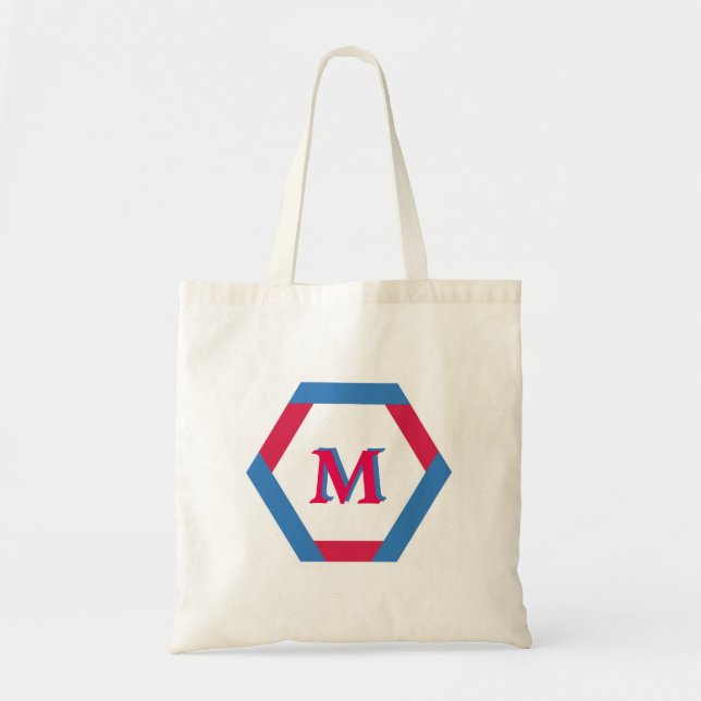Tote Bag Monogramme personnalisé bleu et rose Hexa arrondi (Devant)