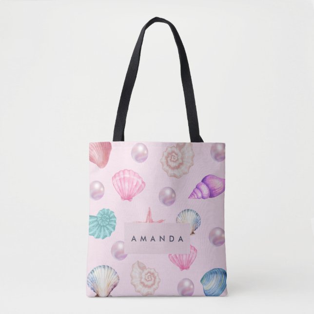 Tote Bag Monogramme personnalisé Coastal Seashell Pearl Océ (Devant)