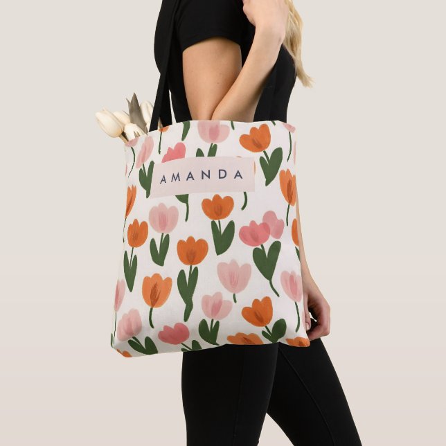 Tote Bag Monogramme Personnalisé Cute Spring Tulip Motif (De près)