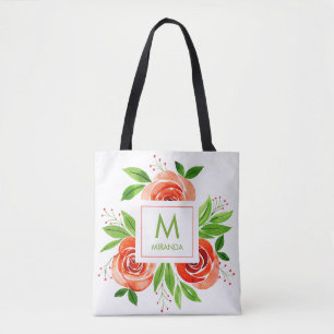Tote Bag Monogramme personnalisé de fleurs à l'aquarelle