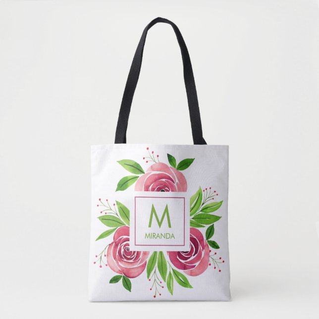 Tote Bag Monogramme personnalisé de fleurs aquarelles roses (Devant)
