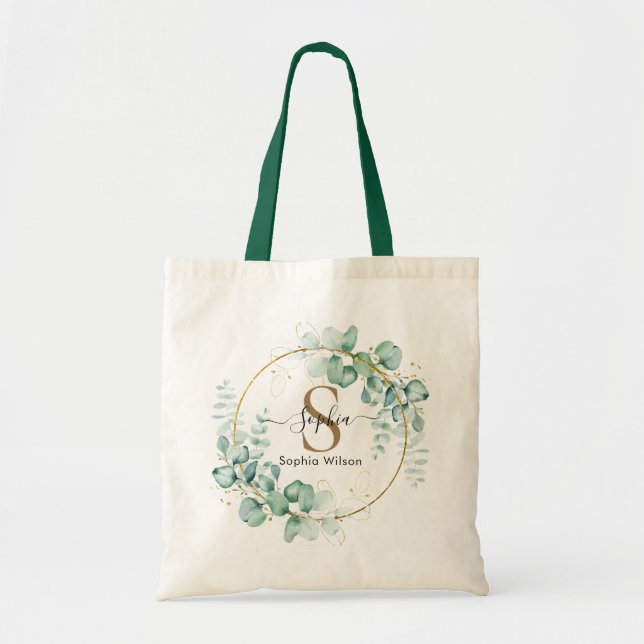 Tote Bag Monogramme personnalisé de verdure dorée botanique (Devant)