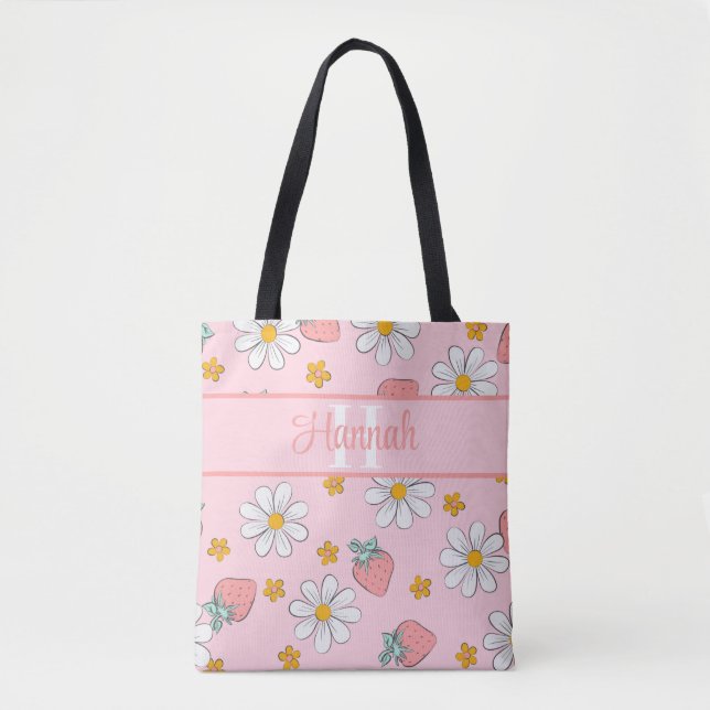 Tote Bag Monogramme personnalisé Élégant Fraise Fleur Daisy (Devant)