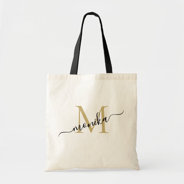 Tote Bag Monogramme Personnalisé Élégant Or et Noir (Devant)