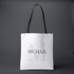 Tote Bag Monogramme personnalisé et nom blanc<br><div class="desc">Monogramme et cadeaux de nom élégants personnalisés avec monogramme personnalisé dans le style de police serif classique avec boîte de nom au milieu du monogramme.</div>