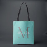 Tote Bag Monogramme personnalisé et nom Turquoise clair<br><div class="desc">Monogramme et cadeaux de nom élégants personnalisés avec monogramme personnalisé dans le style de police serif classique avec boîte de nom au milieu du monogramme.</div>