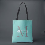 Tote Bag Monogramme personnalisé et nom Turquoise clair<br><div class="desc">Monogramme et cadeaux de nom élégants personnalisés avec monogramme personnalisé dans le style de police serif classique avec boîte de nom au milieu du monogramme.</div>