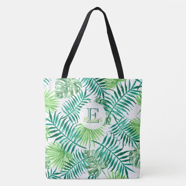 Tote Bag monogramme personnalisé, feuilles de palmiers trop (Devant)