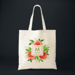 Tote Bag Monogramme personnalisé Fleurs aquarelles pêche<br><div class="desc">Des roses de pêche à corail et des feuilles derrière votre nom et initiale, ce sac fourre-tout est fait de matière 100% naturelle, prêt à être personnalisé pour un cadeau parfait ou un accessoire décontracté. Polyvalent, tendance et durable, un sac fourre-tout personnalisé signifie que vous aurez toujours l'air élégant !...</div>