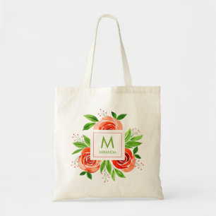 Tote Bag Monogramme personnalisé floral aquarelle pêche