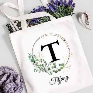 Tote Bag Monogramme personnalisé floral avec initiale et no