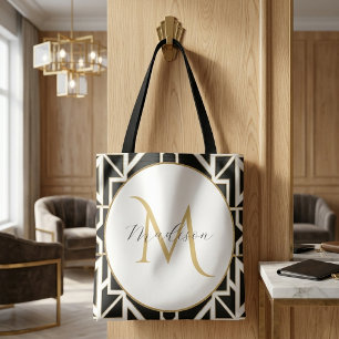 Tote Bag Monogramme personnalisé géométrique noir blanc or