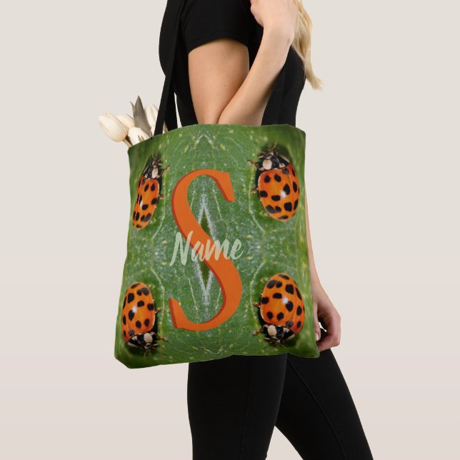 Tote Bag Monogramme personnalisé initial nom Art coccinelle (De près)
