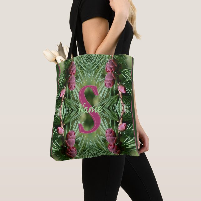 Tote Bag Monogramme personnalisé initial nom cônes de pin N (De près)