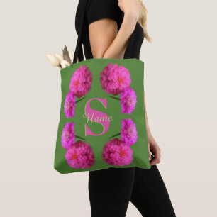 Tote Bag Monogramme personnalisé initial nom Zinnias roses