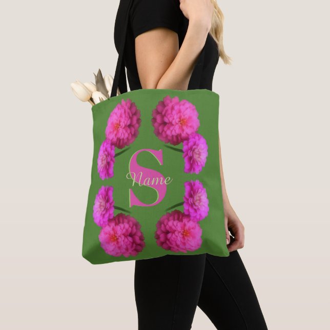 Tote Bag Monogramme personnalisé initial nom Zinnias roses (De près)