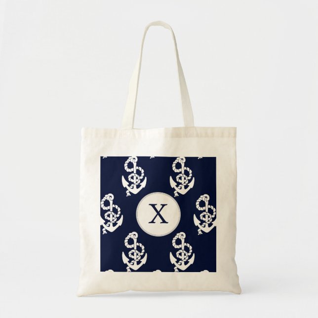 Tote Bag Monogramme personnalisé Marine Ancre bleue Nautiqu (Devant)