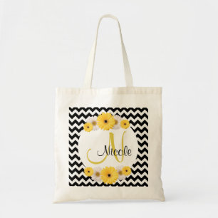 Tote Bag Monogramme Personnalisé noir blanc chevron Daisy