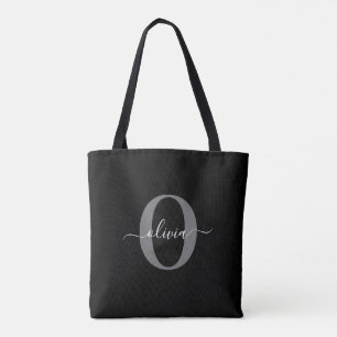 Tote Bag Monogramme personnalisé Nom de script noir blanc g