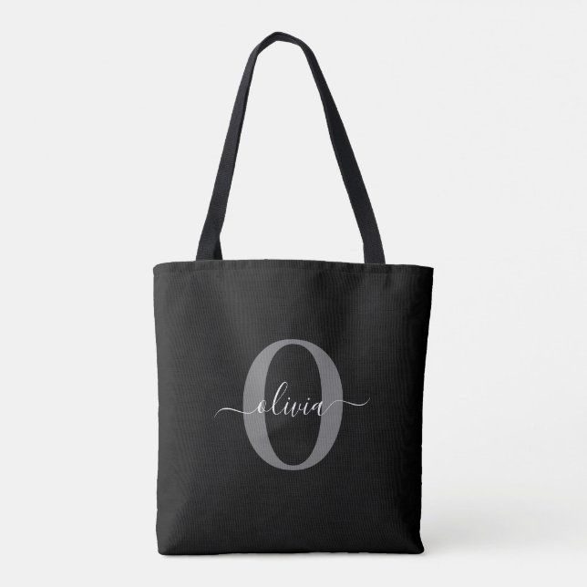 Tote Bag Monogramme personnalisé Nom de script noir blanc g (Dos)