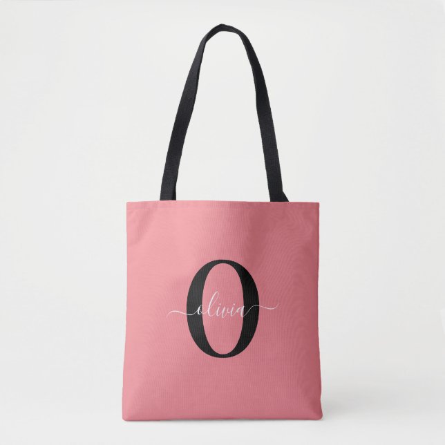 Tote Bag Monogramme personnalisé Nom de script noir blanc r (Devant)