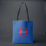 Tote Bag Monogramme personnalisé Nom du script Bleu Blanc R<br><div class="desc">Ce monogramme élégant et design de nom de script peut être offert en cadeau pour un anniversaire, mariage, douche nuptiale, anniversaire, fête des mères ou toute occasion. Il peut être personnalisé avec l'initiale et le nom de la personne. Vous pouvez modifier la police, la couleur de police, la taille de...</div>