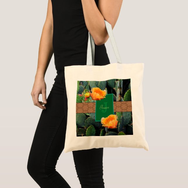 Tote Bag Monogramme personnalisé Orange Prickly Pear Cactus (Devant (produit))